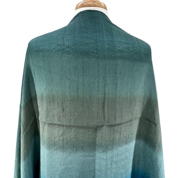 Womens Silk Scarf Ombre Soft Blue to Greens Wrap  88” Long Fringed - Picture 5 of 10